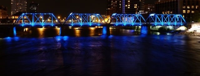 blue bridge at night